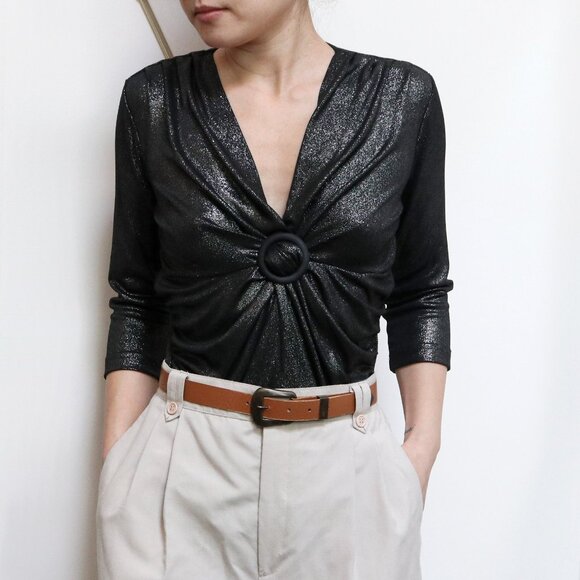 Vintage Y2K Shimmery Black Gathered Front Top, 1/2 Sleeve Shirt, Fitted Glitter - Picture 2 of 6